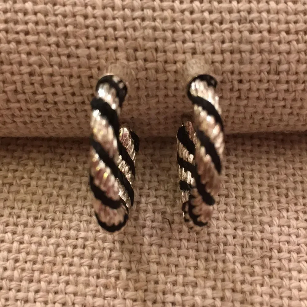 Silvertone Twisted Earrings with Black Cord